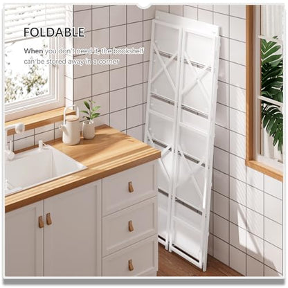 4NM 6 Tiers No Assembly Book Shelves, 61.8" H Folding Bookshelf Bookcase Open Industrial Foldable Shelves for Bedroom, Living Room, Home Office - All White - color: All White, size: XX 6-Tier