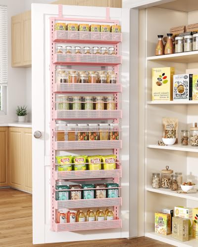 SNTD 8 Tiers Over the Door Organizer - Height Adjustable Pantry Organizers and Storage with Dense Mesh Baskets, Anti-Swing Hanging Door Spice Rack for Kitchen Bathroom (Pink, 17" W x 6" D x 69" H) - color: Pink, size: 17" W x 6" D x 69" H