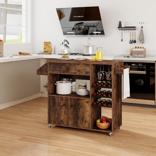 Giantex Rolling Kitchen Island Cart with Drop Leaf, Power Outlet, Spice Rack, 12 Wine Rack, Glass Holder, Drawer, Storage Cabinet, Towel Rack, Island Table for Breakfast Coffee Bar (Rustic Brown) - color: Rustic Brown