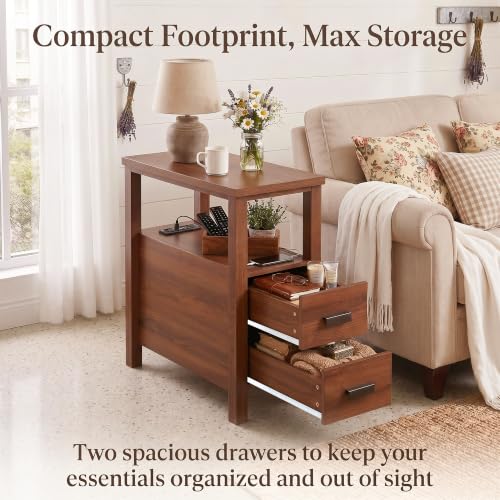 Narrow Nightstand with Charging Station, 24.4" H Slim Side Table with 2 Drawers, Bedside Table for Small Spaces, Modern End Table with Low Profile Legs (Walnut) - color: Walnut