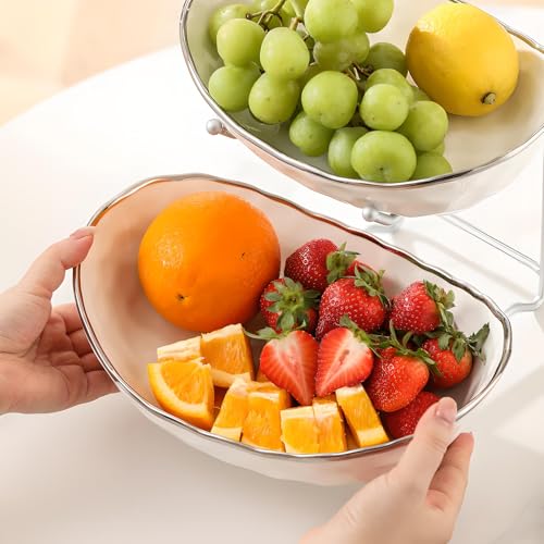 White Fruit Bowl with Silver Metal Stand, 3 Tier Modern Ceramic Fruit Bowl Fruit Rack for Kitchen Counter, Tiered Fruit Basket for Snacks Bread Candy Storage (White B,3 Tier) - color: White B,3 Tier
