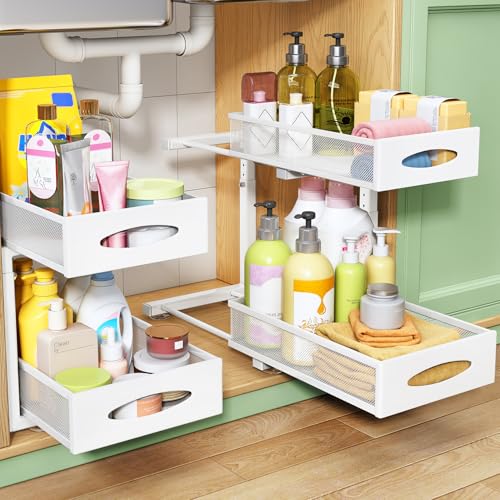 Under Sink Organizer, 2 Pack 2 Tier Pull out Cabinet Organizer Baskets with Mesh Sliding Drawers, Slide out Sink Storage Shelves for Kitchen, Bathroom, Pantry, Cabinet Organizers and Storage(White) - color: White, size: 2 Pack