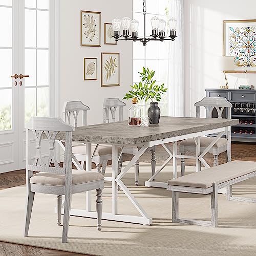 Tribesigns Farmhouse Dining Table for 6 People, 70.8-Inch Rectangular Wood Dining Table, Rustic Kitchen Table with Heavy Duty Metal Legs for Dining Room(Grey) - color: Grey/White