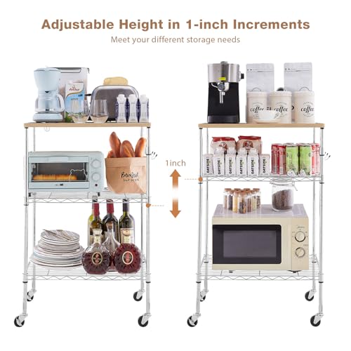 BolDuck 450Lbs Capacity Microwave Cart with Wheels, 3 Tier Rolling Cart with Adjustable Shelves, Multifunctional Metal Utility Storage Kitchen Carts on Wheels, 23.6" L*15.7" W*37" H, Wood+Chrome - size: 23.6"L*15.7"W*37"H with Adjustable Shelves