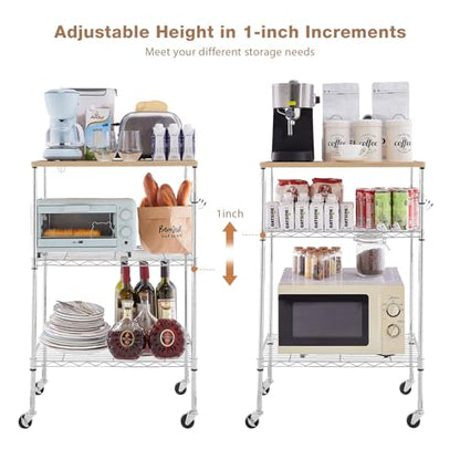BolDuck 450Lbs Capacity Microwave Cart with Wheels, 3 Tier Rolling Cart with Adjustable Shelves, Multifunctional Metal Utility Storage Kitchen Carts on Wheels, 23.6" L*15.7" W*37" H, Wood+Chrome - size: 23.6"L*15.7"W*37"H with Adjustable Shelves