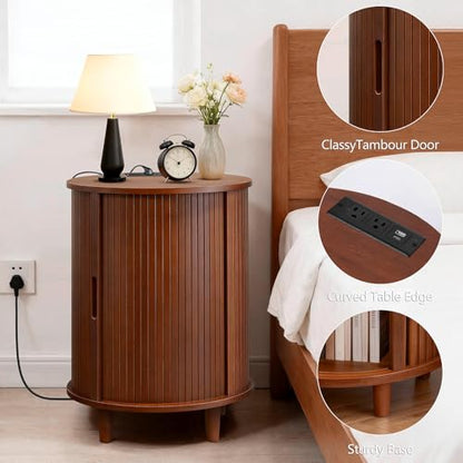 DHH Round End Table with Storage & Charging Station, Fluted Accent Side Table with Sliding Door & Adjustable Shelf, Mid-Century Nightstand for Small Spaces, Living Room, Bedroom (1, Walnut) - color: Walnut