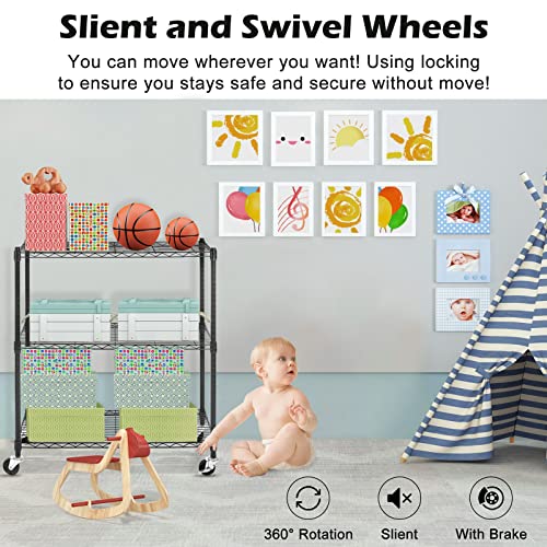 3-Tier Storage Shelves, Heavy Duty Metal Shelves Wire Rack Shelving Unit, Adjustable Shelf with Wheels for Home Office Garage Kitchen Bathroom, 24" D x 14" W x 32" H - size: 3tier 24"D x 14"W x 32"H