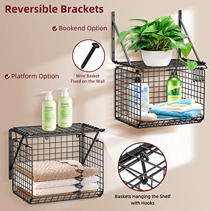 3IngSeagulls 2 Pack Laundry Room Shelves, Wire Baskets with 8 Hooks, Over Washer and Dryer Shelf, Wall Mounted Storage and Clothes Drying Rack, Black - color: Black
