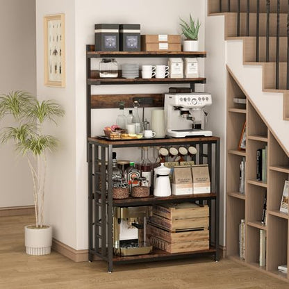 METYERRY Adjustable Bakers Rack with Power Outlet,Coffee Bar Station with Led Lights,Microwave Stand with Storage,5-Tier Kitchen Shelf,Kitchen Storage Rack for Spices, Pots and Pans,Rustic Brown - color: Rustic