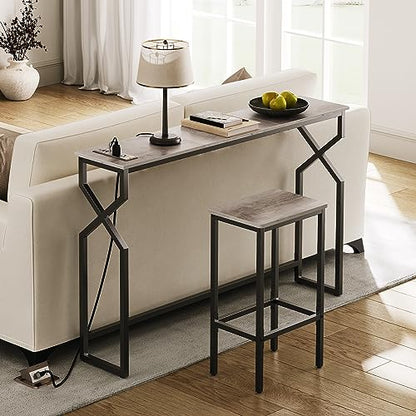 MAHANCRIS 44.9" Sofa Table, 9.4" Narrow Console Table with Charging Station, Couch Table Behind Sofa with Outlet, Entryway Table with Display Shelf, Living Room, Greige CTHG113E01 - color: Greige + Black