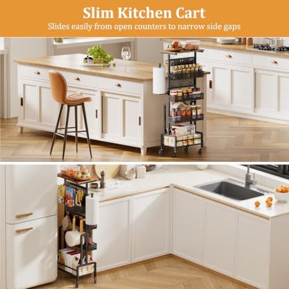 Slim Storage Cart, Narrow Rolling Cart with Wooden Top, Kitchen Cart on Wheels with Paper Towel Holder, Small Skinny Utility Cart for Laundry Room Bathroom, Thin Standing Spice Rack Snack Cart