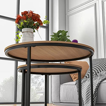 HOJINLINERO Round Nesting Coffee Table Set of 2,Cocktail Table,Large,Oak | Center Table for Living Room,Small Apartment,Small Space,Stacking Side Tables,Wood Tabletop,Sturdy and Easy to Assemble - color: Bk+oakdk, size: Large