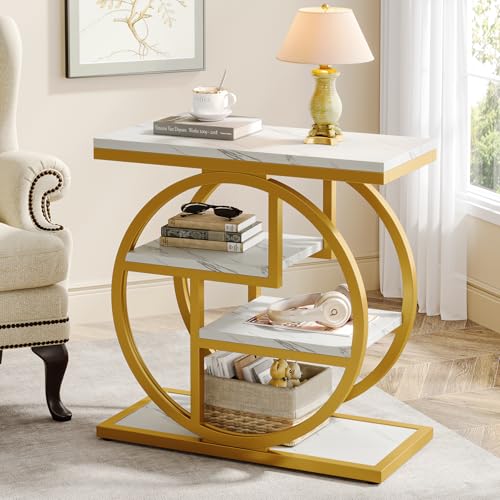 Tribesigns End Table for Living Room, Modern Faux Marble Narrow Side Table with Storage Shelves, 4-Tier Bedside Table for Bedroom, Small Sofa Side Table with Geometric Metal Frame (1 PC, White & Gold) - color: White & Gold