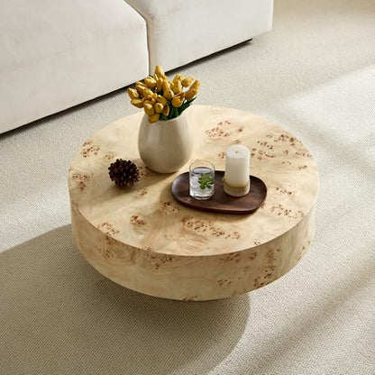 31.49'' Round Coffee Table Modern Wood Coffee Table for Living Room, Contemporary Circle Fluted Drum Pedestal Style, Burl Wood Veneer, Easy Assembly, Natural (ø31.49'' x 13.77'') - color: Ø31.49'' -Natural