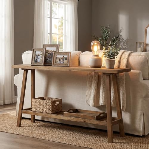 HOKYHOKY Reclaimed Solid Wood Console Table, 59" Long Farmhouse Entryway Tables, Rectangular Couch Table Behind Sofa, 2 Tiers Accent Tables for Hallway, Entrance, Foyer, Living Room - size: 59"