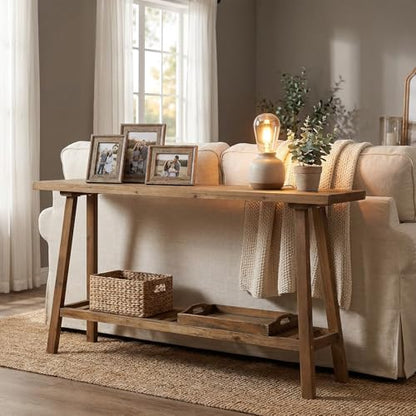 HOKYHOKY Reclaimed Solid Wood Console Table, 59" Long Farmhouse Entryway Tables, Rectangular Couch Table Behind Sofa, 2 Tiers Accent Tables for Hallway, Entrance, Foyer, Living Room - size: 59"