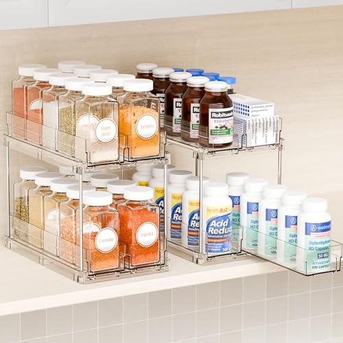 2 Tier Sliding Spice Racks for Cabinets,2 Pack 10.4'' Deep Narrow Vertical Spice Rack Pull Out for Inside Cabinets,Kitchen,Pantry,Cupboard Seasoning,Jar Organizer and Medicine Cabinet Storage - color: Clear-4 Drawer