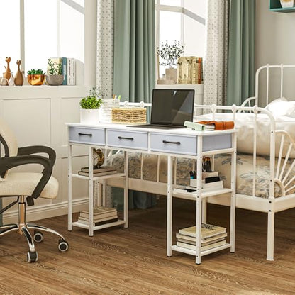 HOMCOM 47" Computer Desk with 3 Fabric Drawers, Home Office Desk with Adjustable Shelves, Small Writing Desk with Storage, White