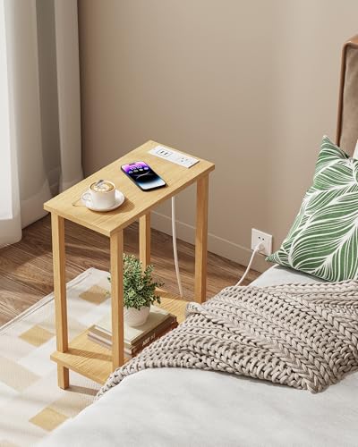 TUTOTAK Small End Table with Charging Station, Narrow Side Table with USB Ports and Outlets, Skinny Sofa Table, Slim Nightstand, Living Room, Bed Room, Natural TB01BN060 - color: Natural, size: 2-tier