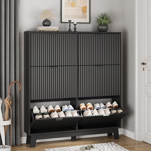 Xixini Shoe Cabinet with 6 Flip Drawers, 54" Tall Narrow Fluted Shoe Storage Organizer for Entryway, Hidden Slim Wooden Shoe Rack Cabinet for Front Door Entrance, Hallway, Living Room, Solid Black - color: Solid Black, size: 6 Flip Drawers