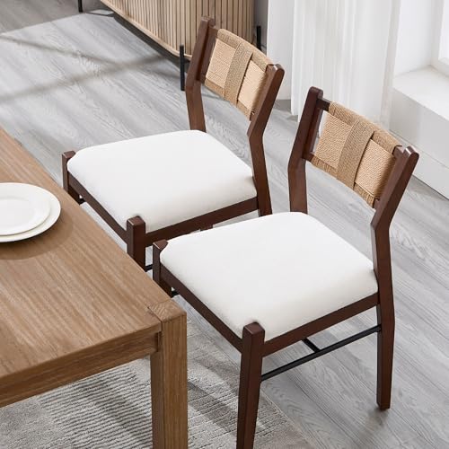 BESTANO Modern Armless Dining Chairs with Rope Woven Back Set of 2, White Upholstered Kitchen & Dining Room Chairs, Mid-Century Classic Farmhouse Wooden Side Chair - color: White, size: 2 Chairs