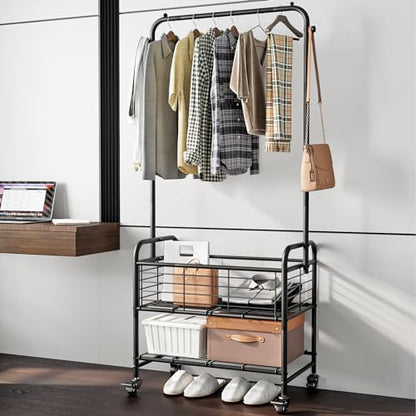 SUOERNUO Laundry Cart with Hanging Rack Rolling Laundry Hamper Sorter with Wheels Shelf,Black - color: Black