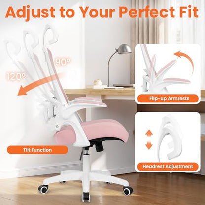 NEO CHAIR Ergonomic Office Desk Chair High Back Computer Gaming Mesh Chair with Comfy Task Adjustable Arms Lumbar Support Headrest Swivel for Home Office (Pink) - color: Pink