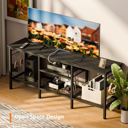 Furologee TV Stand with Power Outlets, Entertainment Center with Open Storage Shelves for TVs up to 55 Inch, Media Console Table with Soundbar Shelf for Living Room, Bedroom, Black Oak