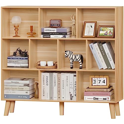 LEYAOYAO 10 Cube Bookshelf,3 Tier Modern Wide Bookcase with Legs,Mid-Century Wood Bookshelves Storage,Natural Large Book Case,Freestanding Organizer Display Shelf for Bedroom,Living Room,Office - color: Natural, size: 10 Cube with Legs