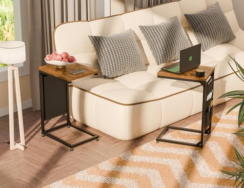 Simple Trending C Shaped End Table, Side Table TV Trays Set of 2 with Fabric Storage Bag, Couch Sofa Table for Living Room, Rustic Brown - size: Long Table Top Two-piece Set With Storage Bag