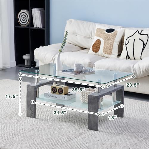 Living Room Rectangle Coffee Table, Tea Table Suitable for Waiting Room, Modern Side Coffee Table with Wooden Leg, Glass Tabletop with Lower Shelf,Grey Marble - color: Grey Marble