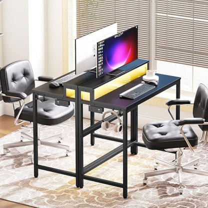 YATINEY Small Computer Desk with Charging Station and LED Lights, Gaming Desk with Monitor Stand, 2-Tier Home Office Desk with 4 Side Hooks, for Living Room, Home Office, Black DN01UDBBY2 - color: Black