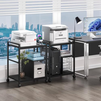 Lerliuo 24" Wide Large Printer Stand with Storage, Black | Printer Table for Home Office with Charging Station, 3 Tier Industrial Mobile Printer Cart with Lockable Wheels - color: Black