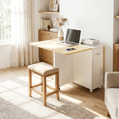 Folding Dining Table with Wheels, Space Saving Drop Leaf Kitchen Table with Storage Cabinet, Expandable Movable Furniture for Small Apartment, Natural - color: Natural