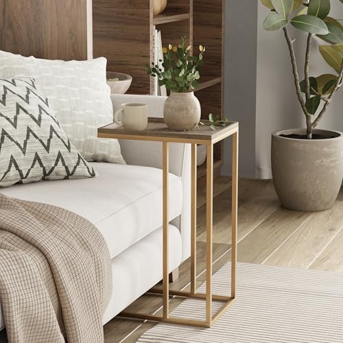 Farmhouse C Shaped End Table with Distressed Wood & Metal Woven Tray Top, Modern Slim Snack Side Table with Metal Base, Gold - color: Gold, style: Metal Woven