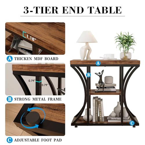 3 Tier End Table with Storage, Narrow End Table for Living Room and Bedroom, Small Space Wood and Metal Side Table, Rustic Brown - color: Rustic Brown
