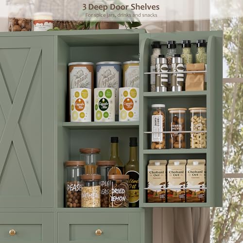 HOSTACK 67"H Farmhouse Kitchen Pantry Storage Cabinet with 3 Drawers, Green | Large Food Pantry Cabinet with Swing-Out Door Rack & Adjustable Shelf for Kitchen, Dining room, Living room - color: Green