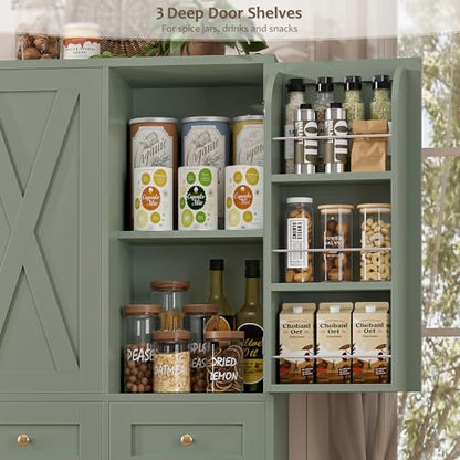 HOSTACK 67"H Farmhouse Kitchen Pantry Storage Cabinet with 3 Drawers, Green | Large Food Pantry Cabinet with Swing-Out Door Rack & Adjustable Shelf for Kitchen, Dining room, Living room - color: Green