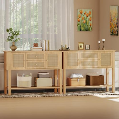 YOSHOOT Rattan Console Table with Storage, Entryway Table with 2 Doors & 2 Drawers, Farmhouse Coffee Bar for Kitchen, Living Room, and Entryway, Oak - color: Oak