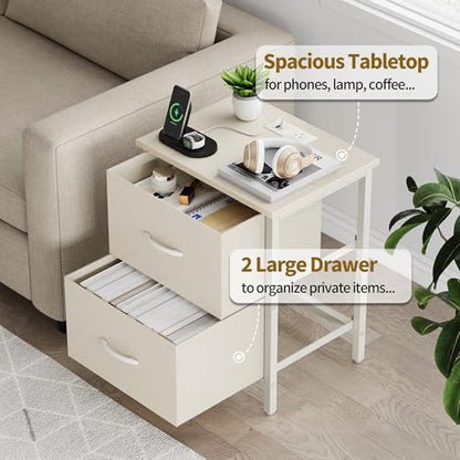 Vagusicc Nightstand with Charging Station, Bedside Table with USB Ports and Outlet, End Table Side Table with 2 Fabric Drawers for Bedroom, Living Room, Beige - color: Beige (1 Pack)