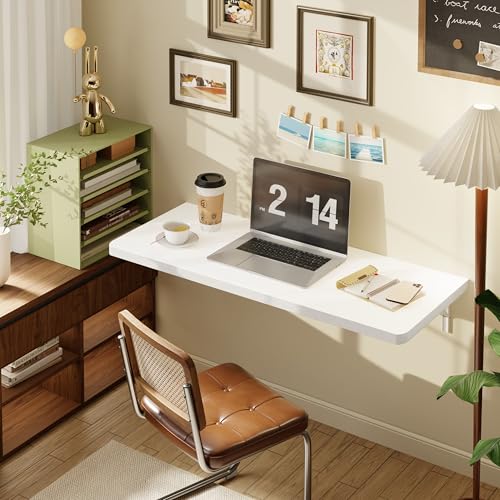 Dogsky 36" x 14" Floating Wall Desk, Fold Down Wall Table - 200 lbs Heavy Duty Solid Pine Wall Mount Folding Desk for Home Office, Laundry Room, Kitchen & Small Apartment, White - color: White, size: 36'' x 13.7'' x 6.3''