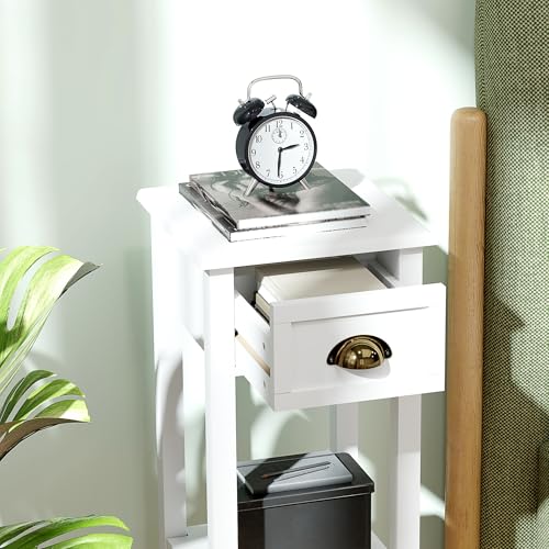 HOMCOM Narrow End Table with Drawer and Bottom Shelf, Slim Side Table for Small Spaces, Skinny Modern Accent Desk for Living Room, Set of 2, White - color: White