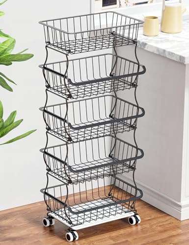 OKZEST 5 Tier Fruit Basket for Kitchen, Stackable Bins Wire Rack with Wheels, Fruit and Vegetable Storage Basket Pantry Food Snack Organizer Shelf, Kitchen Storage Cart for Onion and Potato, Produce | Kitchen pantry organizer rack with dirt catch tray, Ro