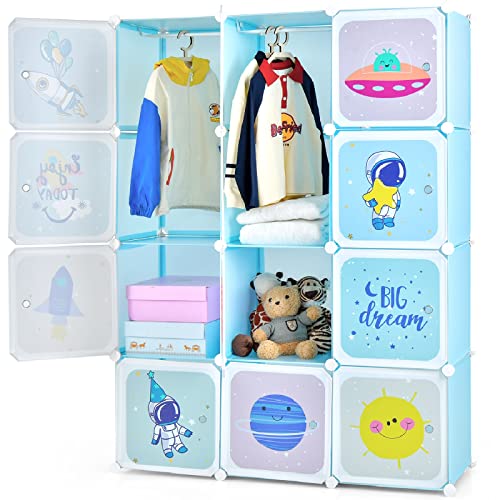 INFANS Children Wardrobe, Kid Closet Portable Baby Dresser Cute for Kids Bedroom Nursery Armoire with Doors 12 Cube 2 Hanging Sections, Kid Clothes Storage Organizer (Blue, 12 Cubes) - color: Blue, size: 12 Cubes