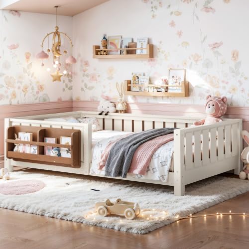Bellemave Kids Twin Bed Frame with Bookshelf & Safety Guardrails, Solid Wood Montessori Floor Bed with Low-Profile Design for Kids Girls Boys (Beige/Twin) - color: Beige, size: Twin