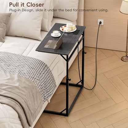 Vagusicc C Shaped End Table with Charging Station, Large C-Table End Table Adjustable Height Side Table for Couch, Sofa Table Slide Under Couch Table TV Tray Table for Living Room, Bedroom,Gray Walnut - color: Gray Walnut, style: With Plug