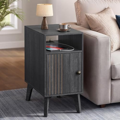 VASAGLE MAEZO Collection - End Table with Charging Station, Narrow Side Table, Nightstand with Tapered Legs, Curved Transitions, for Small Spaces, Bedroom, Charcoal Gray ULET329B101S - color: Charcoal Gray