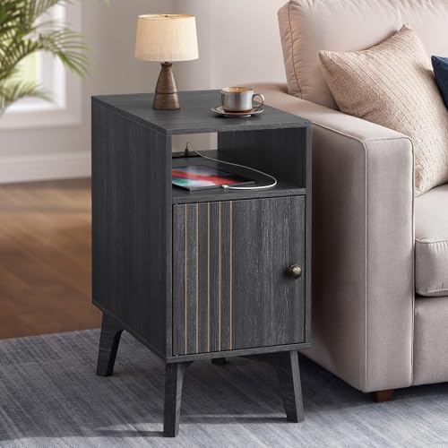 VASAGLE MAEZO Collection - End Table with Charging Station, Narrow Side Table, Nightstand with Tapered Legs, Curved Transitions, for Small Spaces, Bedroom, Charcoal Gray ULET329B101S - color: Charcoal Gray
