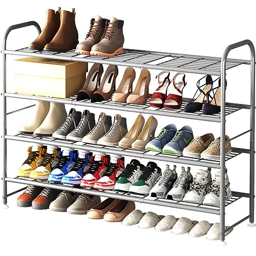 LINZINAR 4 Tier Long Shoe Rack for Closet Metal Shoe Organizer for Entryway | Spacious design stores 25+ pairs of shoes,durable metal frame,space-saving organizer for closet, hallway, and Entryway Grey - color: Grey, size: 4-Tier