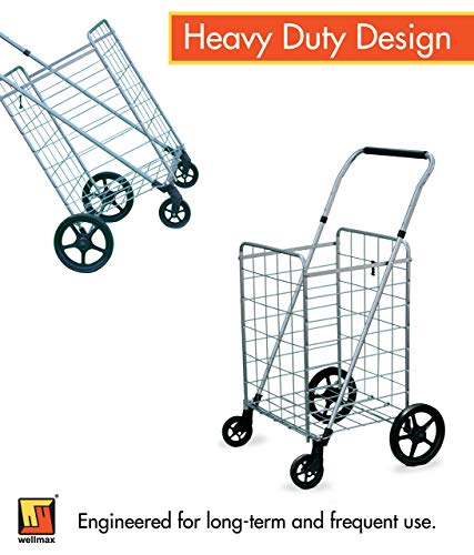 Wellmax Folding Grocery Cart with Wheels – Heavy Duty Utility Cart with Upgraded Steel Frame, Extra Large Basket, Adjustable Padded Handle, Swivel Front Wheels, Foldable Design, 90 lb Capacity - size: X-Large